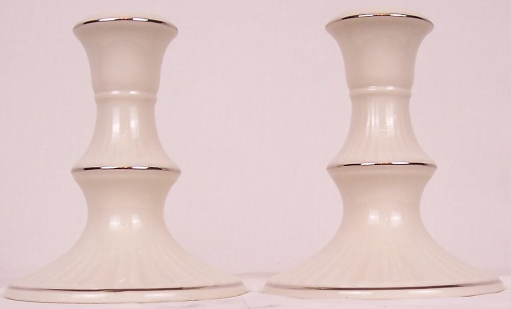 Vintage Lenox Versailles Platinum Trim Ivory Porcelain Candlestick Holders Pair